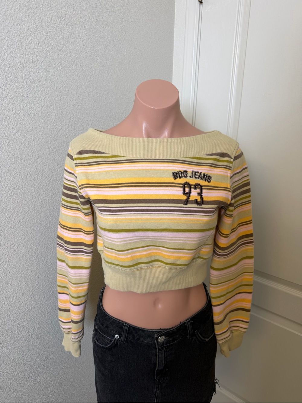 BDG Striped Cropped Sweatshirt in Pastel Yellow & Multi Sz XS